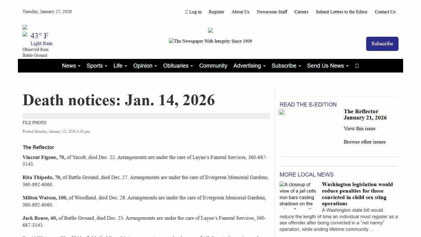 Death notices: Jan. 14, 2026 The Reflector
